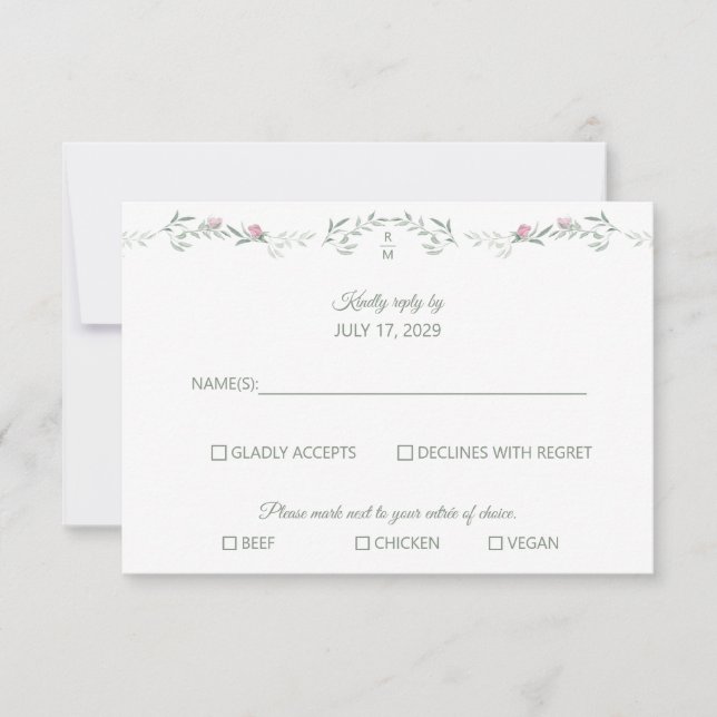 Pink Rose Vine and Monogram RSVP Response Card OSA Kort (Framsida)