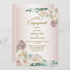 Pink Rose Watercolor Greenery Golden Engagement Inbjudningar