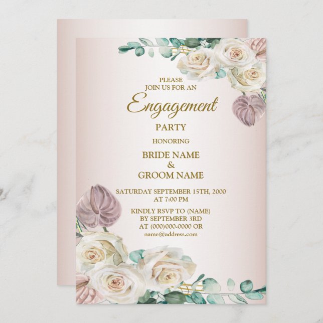 Pink Rose Watercolor Greenery Golden Engagement Inbjudningar (Fram/baksida)