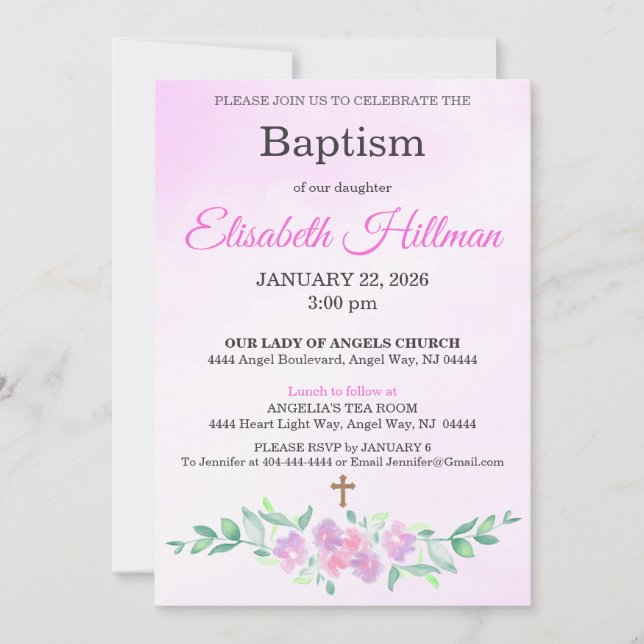 Pink Rose Watercolor Ombre Cross Baptism Inbjudningar (Framsida)