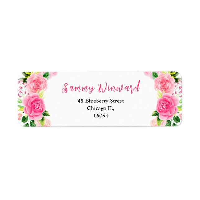 Pink Roses and Foliage Bridal Shower Returadress Etikett (Framsidan)