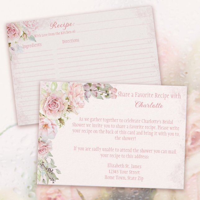 Pink Roses Bröllopsfest Recept Bilaga Kort  (Pink Roses Bridal Shower Recipe Enclosure Cards. 
Invite the Guests to share a favorite recipe.)
