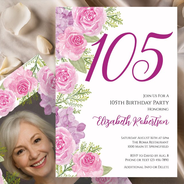 Pink Roses Custom Photo Template 105th Birthday Inbjudningar (Skapare uppladdad)