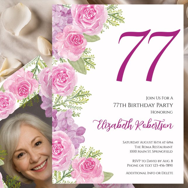 Pink Roses Custom Photo Template 77th Birthday Inbjudningar (Skapare uppladdad)