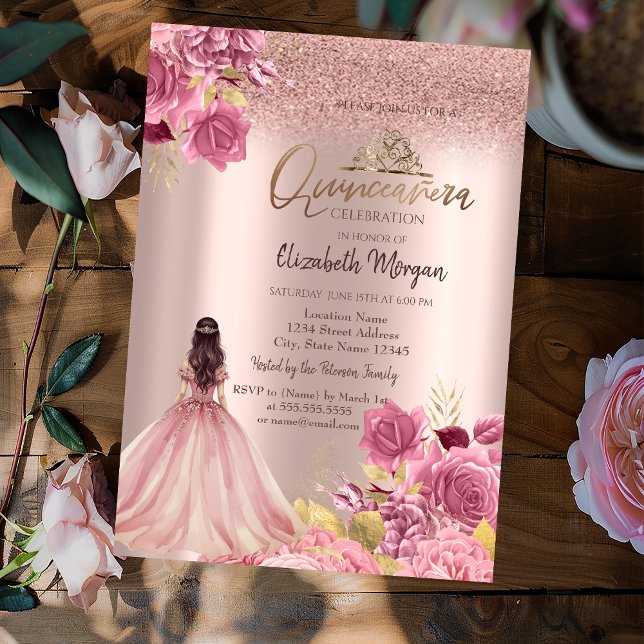 Pink Roses Dress Glitter Rose Gold  Quinceañera Inbjudningar (Skapare uppladdad)