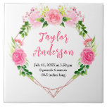 Pink Roses Floral Baby Birth Stats Kakelplatta<br><div class="desc">This fun and whimsical tile features watercolor pink roses and foliage on a gold geometric frame. The text combines handwritten script and serif fonts for a stylish and modern look. It can be personalized with your baby's birth stats, such as name, size, date and time of birth, or if you...</div>