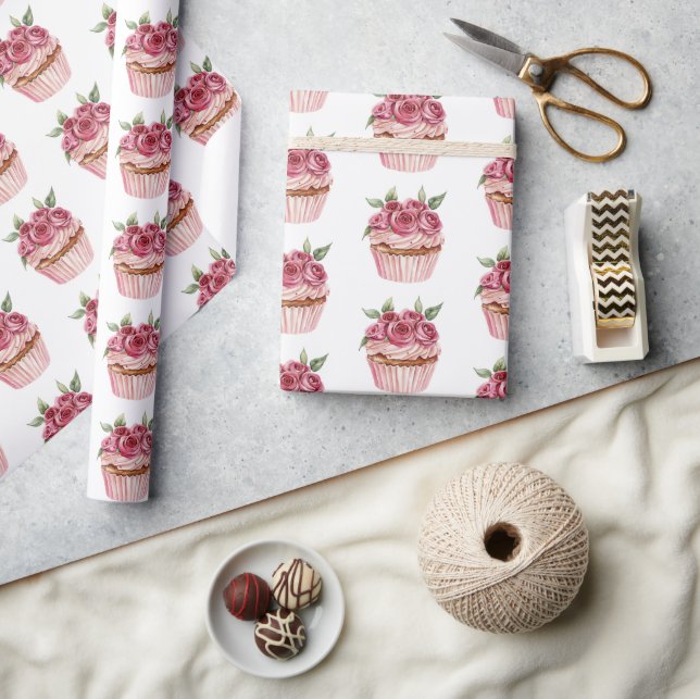 Pink Roses Floral Cupcakes Birthday Presentpapper (Hantverk)