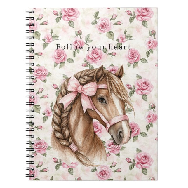 Pink Roses Floral Pretty Horse Pink Bow Anteckningsbok (Framsidan)