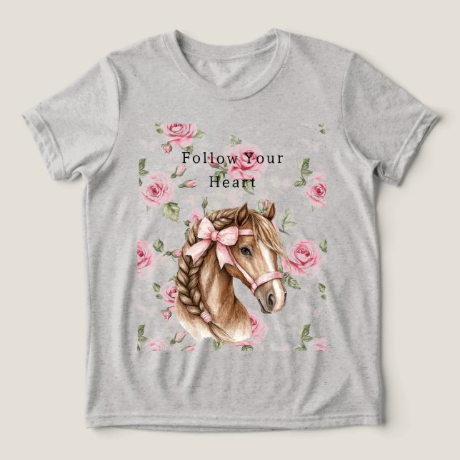 Pink Roses Floral Pretty Horse Pink Bow T Shirt (Design Framsida)