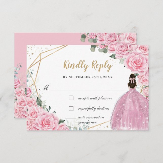 Pink Roses Floral Quinceanera Princess Dress Reply OSA Kort (Fram/baksida)