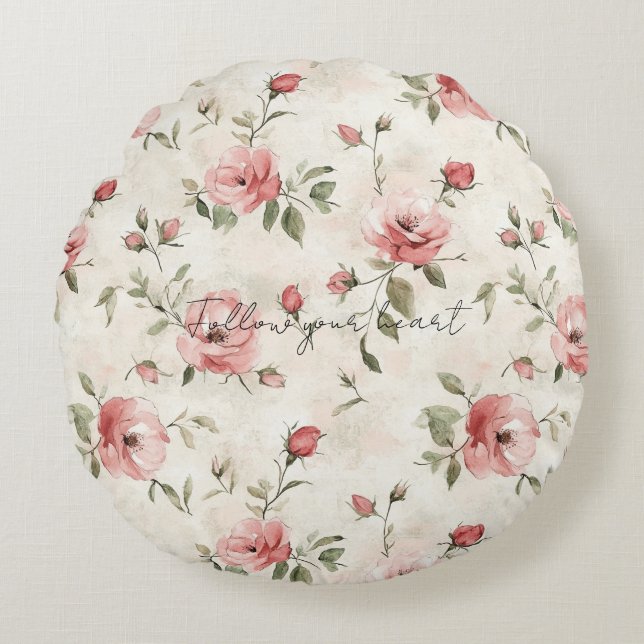 Pink Roses Floral  Rund Kudde (Framsidan)