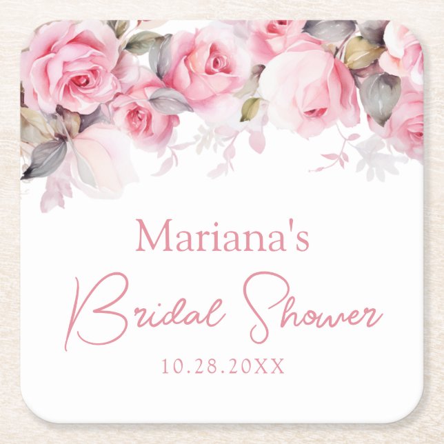 Pink Roses Floral Underlägg Papper Kvadrat (Framsidan)