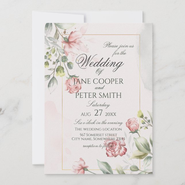 Pink Roses floral Wedding Invitation Inbjudningar (Framsida)