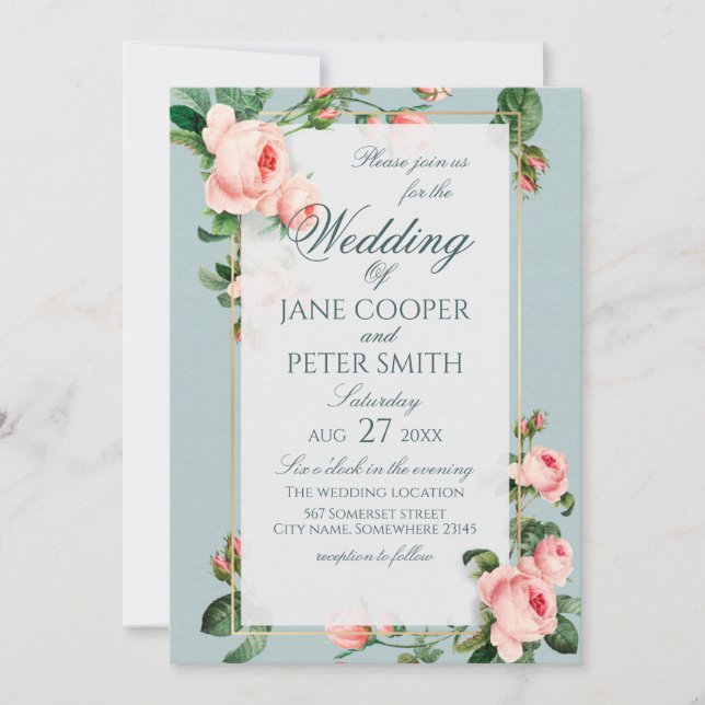 Pink roses floral Wedding Invitation Inbjudningar (Framsida)