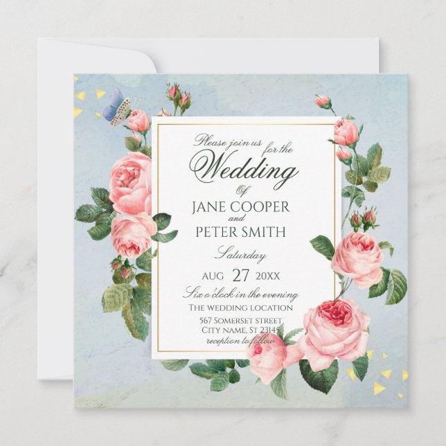 Pink Roses floral Wedding Invitation Inbjudningar (Framsida)