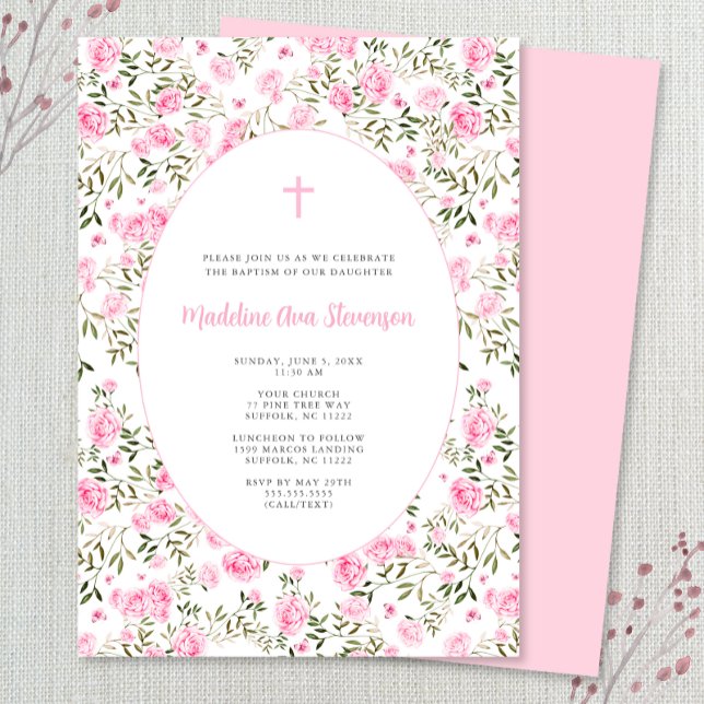 Pink Roses Grandmillenial girl baptism invitation Inbjudningar (Skapare uppladdad)