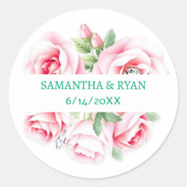 Pink Roses & Green Foliage Wedding Personalized Runt Klistermärke