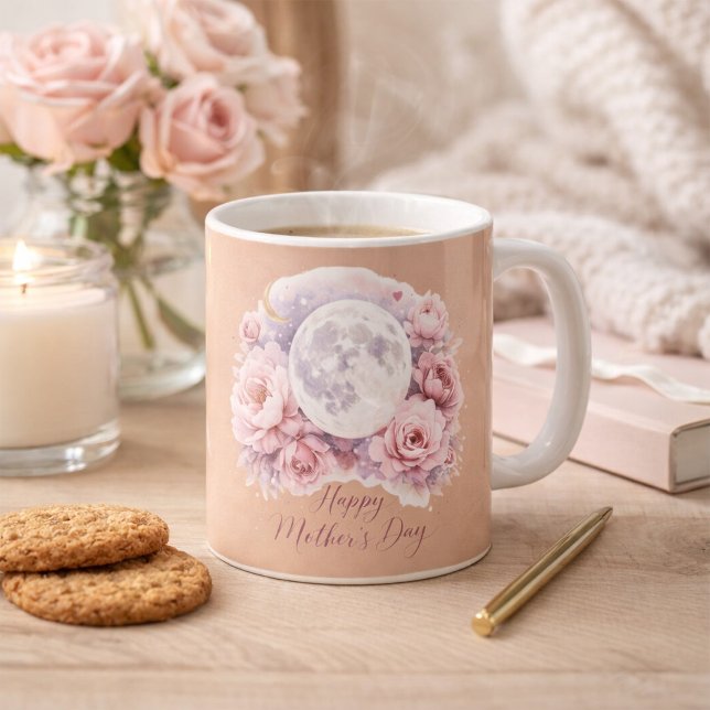 Pink Roses Moon Mug, Mother's Day Gift Dusty Rose  Kaffemugg (Skapare uppladdad)