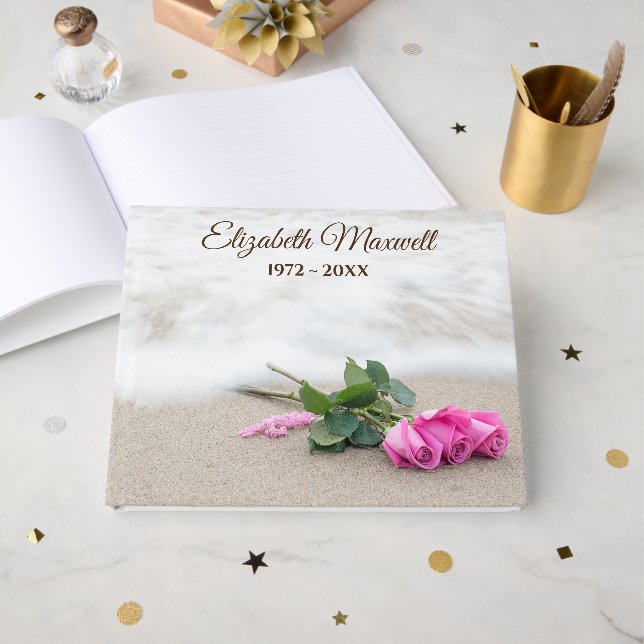 Pink Roses On Beach for Memorial Service Gästböcker (Framsida Öppen)