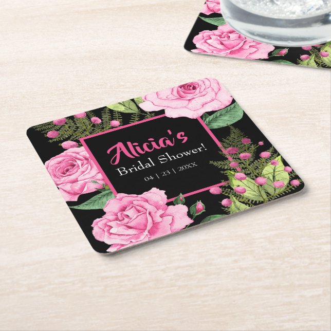 Pink Roses on Black Bridal Shower Underlägg Papper Kvadrat (Vinklad)