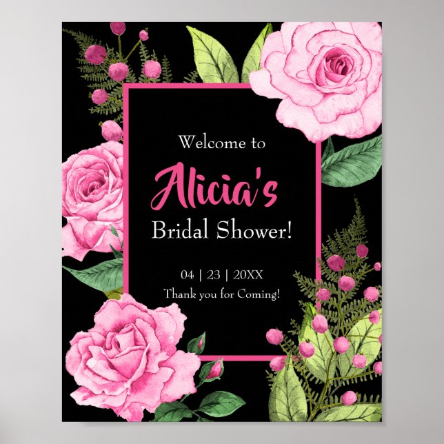 Pink Roses on Black Bridal Shower Welcome Poster (Framsidan)