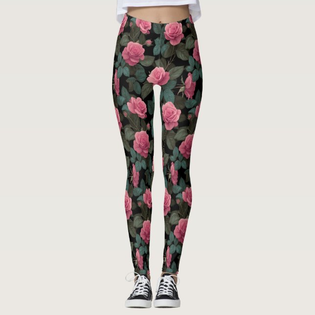 Pink Roses on Black Floral Pattern Leggings (Framsida)