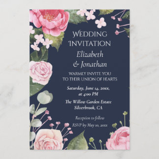 Pink Roses on Blue Customizable Wedding Invitation Inbjudningar