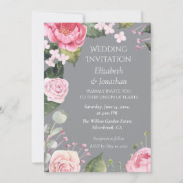 Pink Roses on Grey Customizable Wedding Invitation