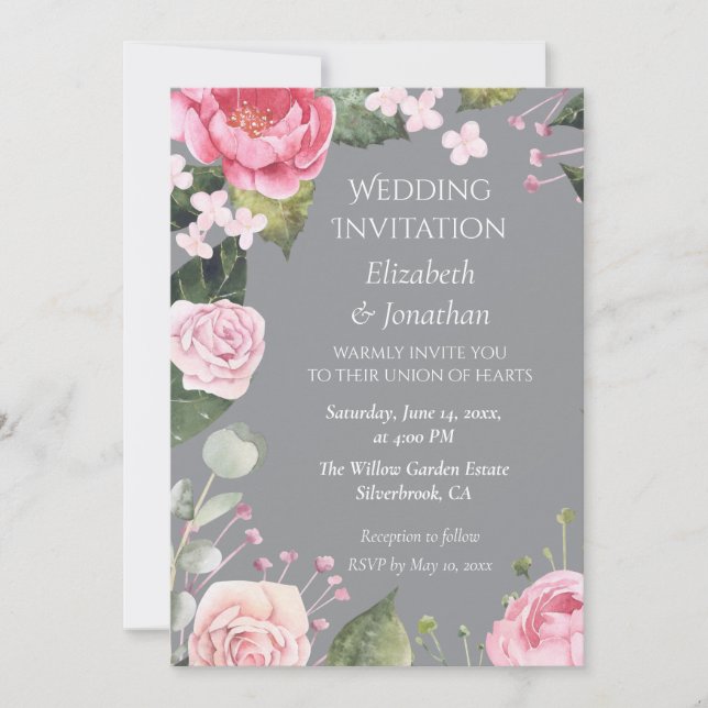 Pink Roses on Grey Customizable Wedding Invitation (Framsida)