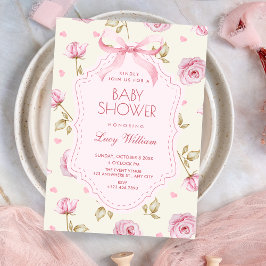 Pink roses pattern bow baby shower inbjudningar