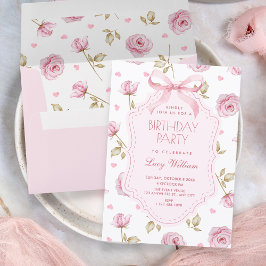 Pink roses pattern bow birthday inbjudningar