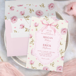 Pink roses pattern bow wedding inbjudningar
