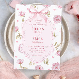 Pink roses pattern bow wedding inbjudningar