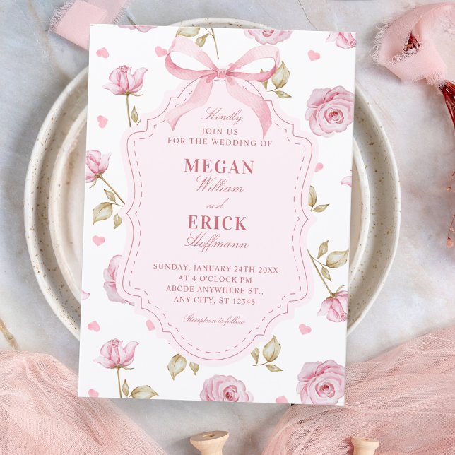 Pink roses pattern bow wedding inbjudningar (Skapare uppladdad)