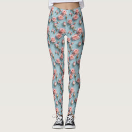 Pink Roses Scattered Across Light Blue Background Leggings