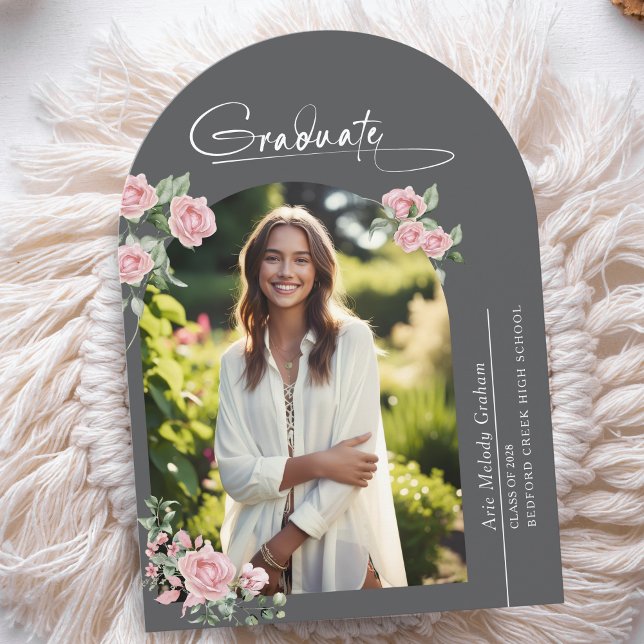 Pink Roses Script Photo Graduation Announcement Inbjudningar (Skapare uppladdad)