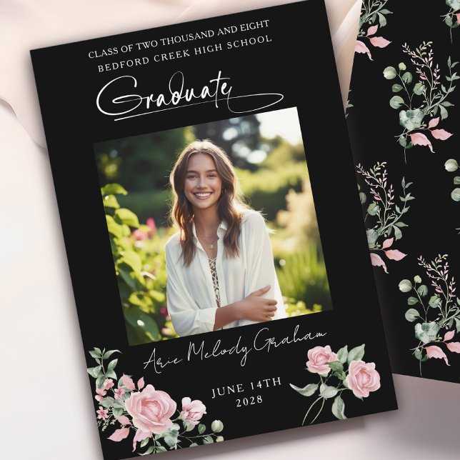 Pink Roses Script Photo Graduation Announcement Inbjudningar (Skapare uppladdad)