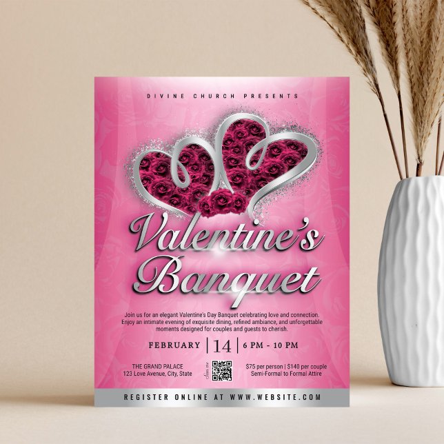 Pink Roses & Silver Hearts Valentine's Banquet Reklamblad (Skapare uppladdad)