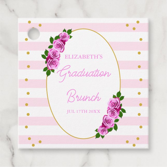 Pink Roses Striped Graduation Brunch Gåvor Etiketter (Framsida)
