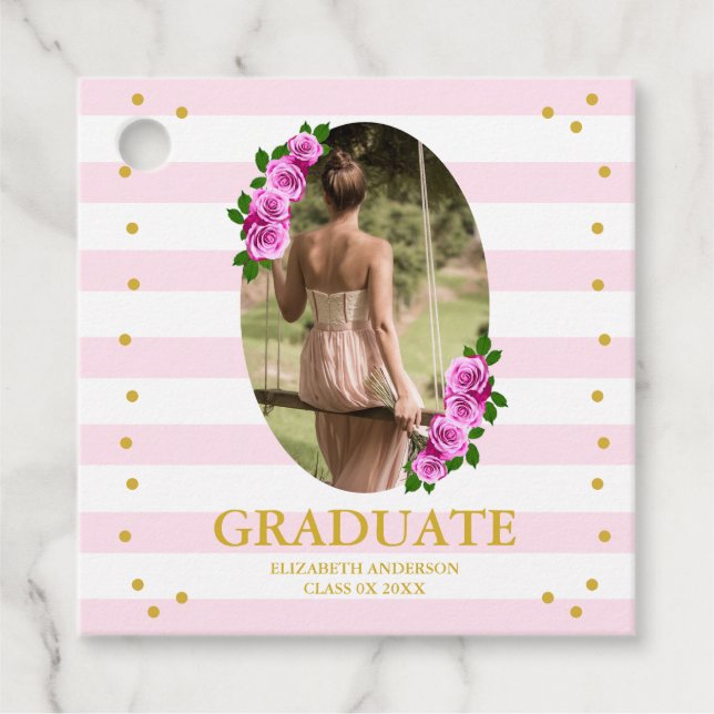 Pink Roses Striped Graduation Brunch Gåvor Etiketter (Framsida)