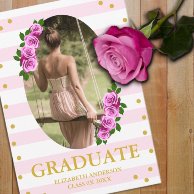 Pink Roses Striped Graduation Brunch Meddelande (Skapare uppladdad)