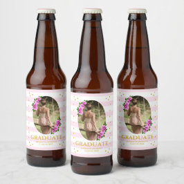 Pink Roses Striped Graduation Brunch Ölflaska Etikett