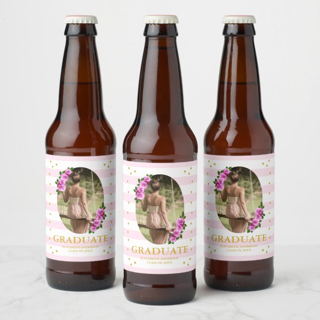 Pink Roses Striped Graduation Brunch Ölflaska Etikett (Flaskor)