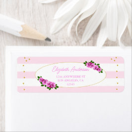 Pink Roses Striped Graduation Brunch Returadress Etikett