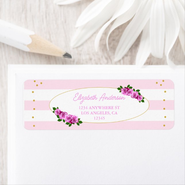 Pink Roses Striped Graduation Brunch Returadress Etikett (Insitu)