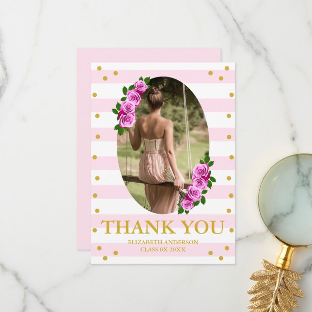 Pink Roses Striped Graduation Brunch Tack Kort (Fram/Back In Situ)