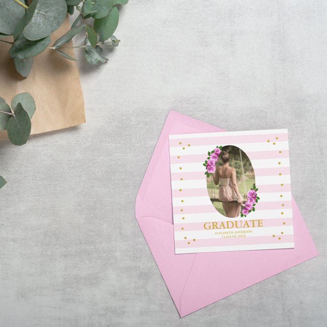 Pink Roses Striped Graduation Name Card Fyrkantigt Visitkort (Skapare uppladdad)