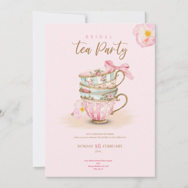 Pink roses tea party bridal shower chic invitation inbjudningar (Framsida)