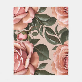 Pink Roses With Brushstroke Leaves Fleecefilt