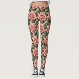 Pink Roses With Brushstroke Leaves Leggings